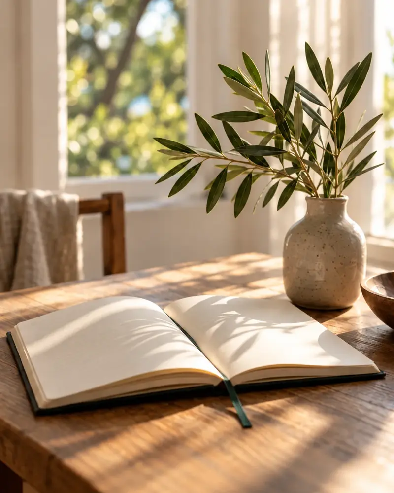 An open notebook and a ceramic vase with olive branches in warm sunlight